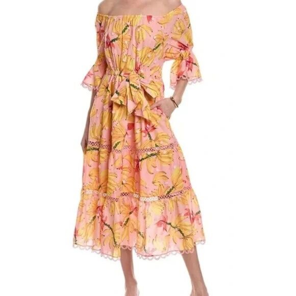 Farm Rio Banana Taste Tiered Midi Dress Size- S - Picture 1 of 4